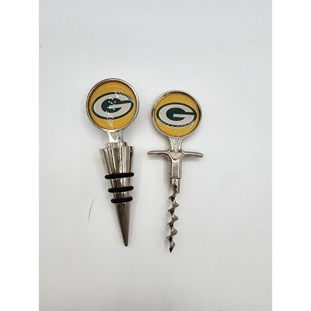 Green Bay‎ Packers Wine Bottle Stopper and Corkscrew Opener Set Silver Tone NFL